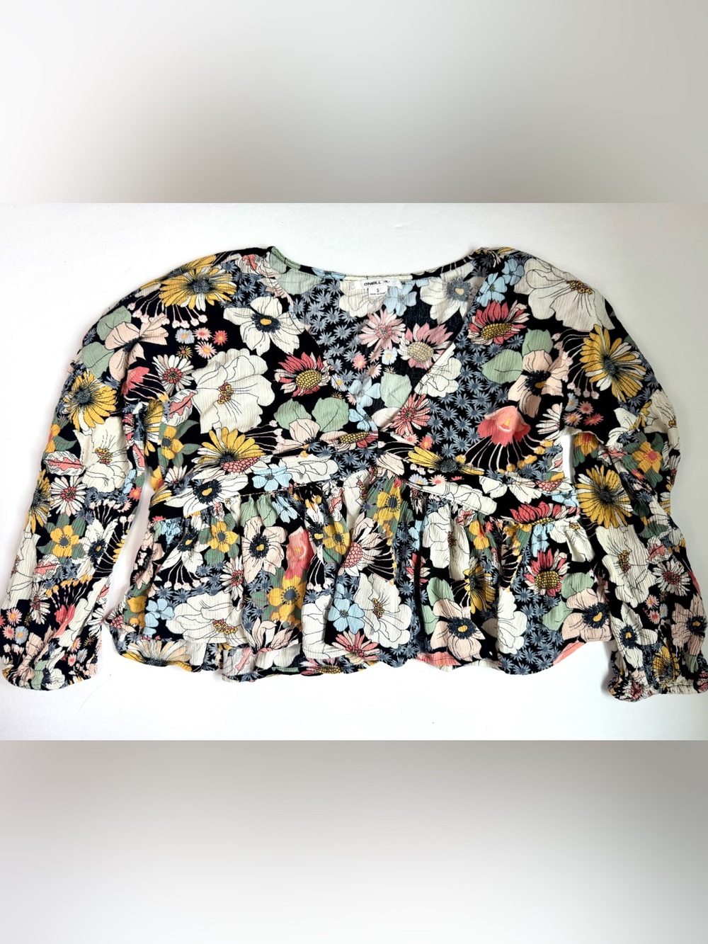 O'Neill Black Floral Peplum Blouse with Multicolor Blooms